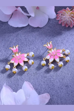 ESTELE Women Floral Gold-Plated Pearl Studded Drop Earrings