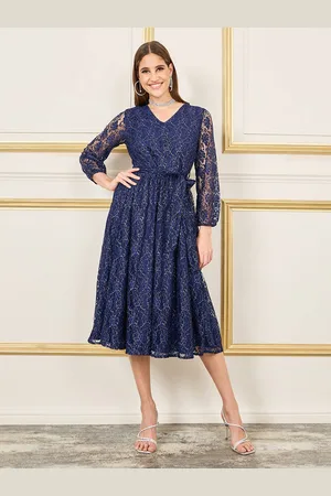 Styli Navy Blue V-Neck Floral Contrast Lace A-Line Midi Dress