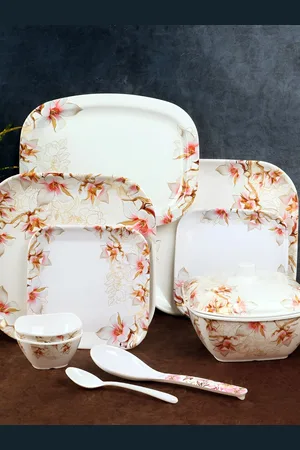 Aura White & Pink 40 Pcs Square Floral Melamine Double Coated Dinner Set