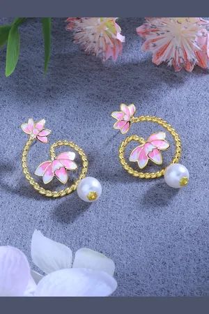 ESTELE Women Gold-Plated Pearl Studded Floral Drop Earrings