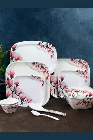 Aura White & Pink 40 Pieces Floral Printed Melamine Double Coated Glossy Dinner Set