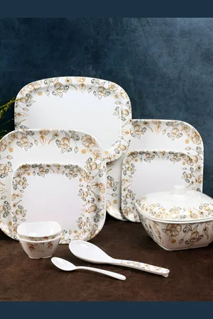 Aura White & Green 40 Pieces Floral Printed Melamine Double Coated Glossy Dinner Set