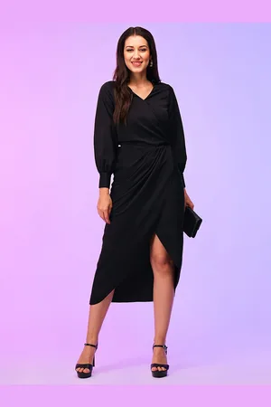 Globus Shirt Collar Cuffed Sleeves Pleated Tulip Hem Midi Party Wrap Dress