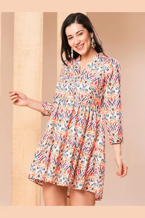 Globus Women Multi V-Neck Cuff Sleeves All Over Ikat Printed A-Line Dress