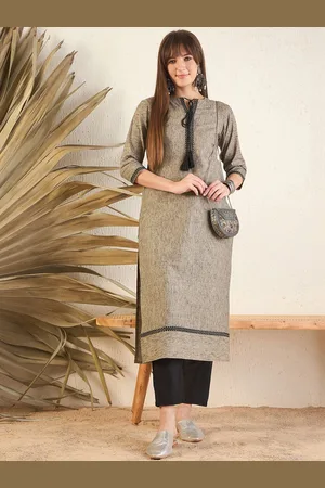 Inddus Geometric Cotton Thread Work Tie-Up Neck A-Line Kurta