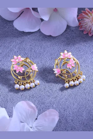 ESTELE Women Gold-Plated Pearl Studded Floral Drop Earrings