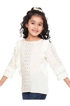 BAESD Girls Embroidered Gathered Regular Sleeves Crepe Top