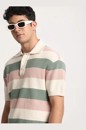 The Bear House Men Striped Regular Fit Cotton Polo Collar T-Shirt