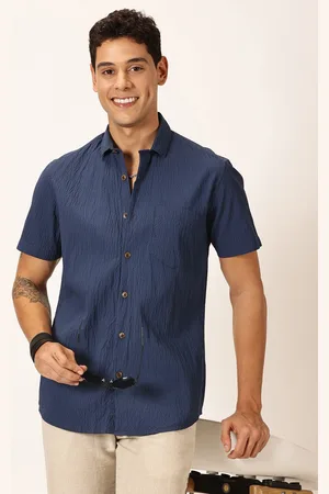 Mast & Harbour Navy Blue Spread Collar Premium Opaque Striped Cotton Casual Shirt