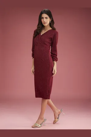 DressBerry Magenta V-Neck Bishop Sleeves Wrap Midi Opaque Party Dress