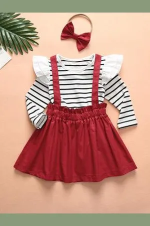 BAESD Girls Long Sleeves Round Neck Striped Top with Skirt