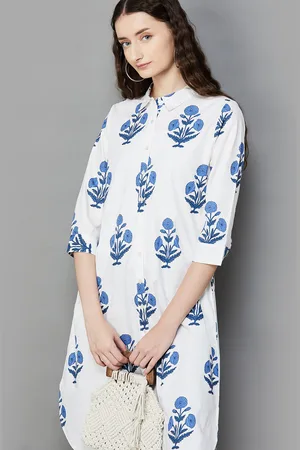 Colour Me By Melange Floral Printed Cotton Shirt Collar Straight Kurta
