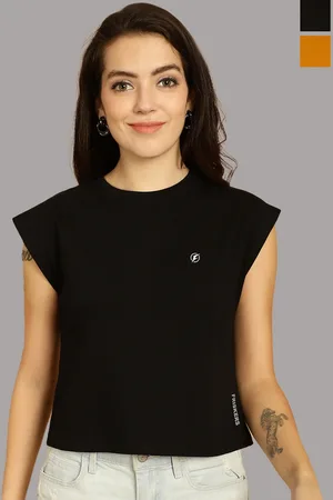 Friskers Women Black 2 Extended Sleeves Applique T-shirt