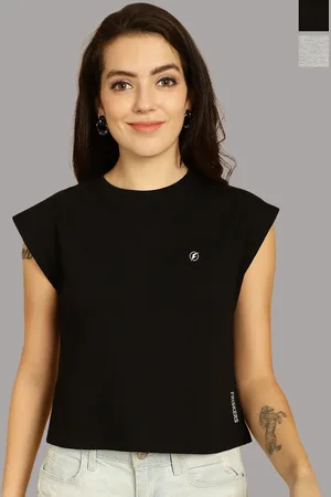 Friskers Women Black 2 V-Neck Extended Sleeves Applique T-shirt