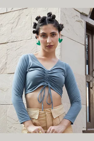 Campus Blue Cotton Ruched Crop Top