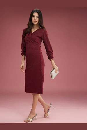 DressBerry Magenta V-Neck Wrap Opaque Midi Party Dress