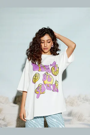 THE CLOTHING FACTORY Graphic Printed Cotton Applique Round Neck Oversized T-shirt
