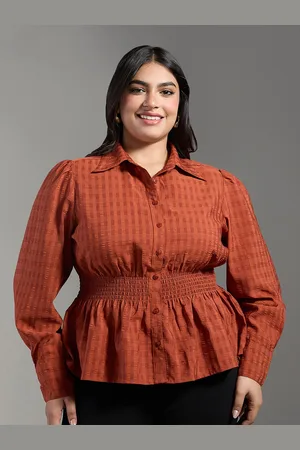20Dresses Plus Size Rust Opaque Checked Full Sleeves Peplum Casual Shirt
