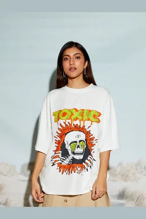 THE CLOTHING FACTORY Typography Printed Round Neck Drop-Shoulder Sleeves Oversized T-shirt