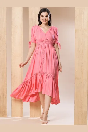 Globus Women Pink Self Design Gathered Waist High-Low Hem Fit & Flare Midi Dress