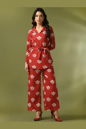 DressBerry Rust Ethnic Motifs Printed Shirt Collar Top & Trousers