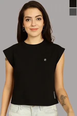 Friskers Women Black 2 Extended Sleeves Applique T-shirt