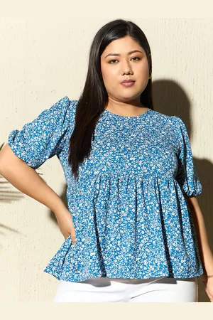 Berrylush Plus Size Blue Floral Printed A-Line Top
