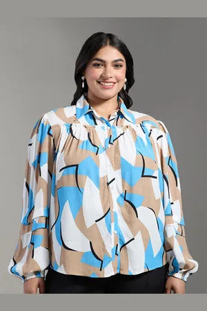 20Dresses Plus Size Abstract Printed Spread Collar Long Puff Sleeves Casual Shirt