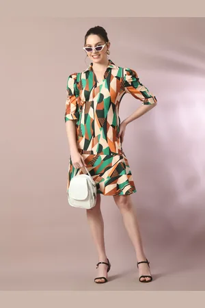 DressBerry Abstract Print Shirt Collar Short Puff Sleeves A-Line Dress