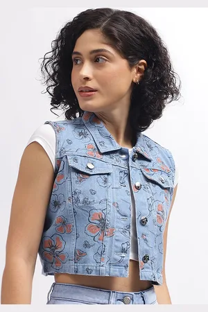 Elle Floral Printed Sleeveless Pure Cotton Crop Denim Jacket