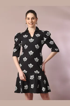 DressBerry Floral Print Shirt Collar Short Puff Sleeves A-Line Dress