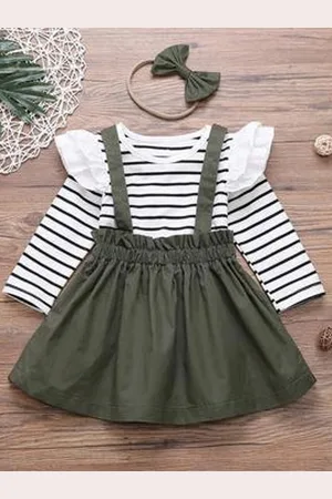 BAESD Girls Long Sleeves Round Neck Striped Top with Skirt