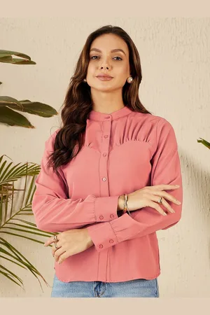 Rare Fashion Pink Mandarin Collar Cuffed Sleeves Opaque Shirt Style Casual Top