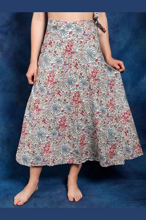 Exotic India Multicolor Wrap Around Casual Long Skirt with Printed Multicolor Flowers