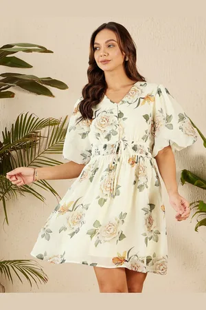 Rare Fashion V Neck Floral Print Flared Sleeve Chiffon A-Line Dress