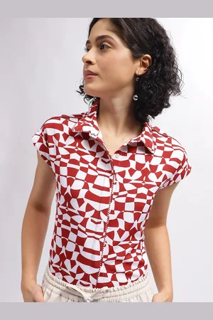 Elle Geometric Print Shirt Collar Cap Sleeves Shirt Style Top