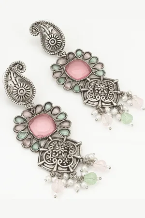 Aadita Stone-Studded and Beaded Contemporary Oxidised Drop Earrings