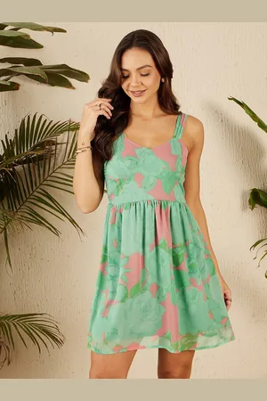Rare Fashion Shoulder Straps Floral Print Chiffon Fit & Flare Dress