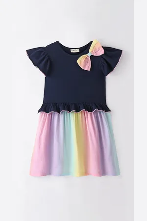 CrayonFlakes Girls Tie and Dye Printed Flared Sleeve Bow Detailed Cotton Fit & Flare Dress