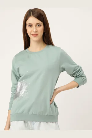 Sera Women Mint Green & Silver Glitter Heart Print Detail Sweatshirt