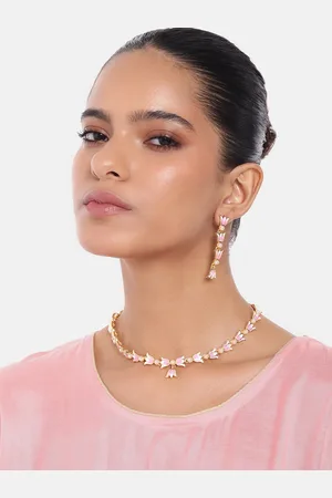 ESTELE Women Gold-Plated Pearl Studded Floral Necklace with Earrings