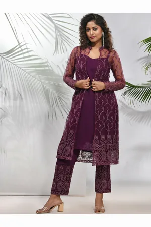 Charukriti Geometric Printed Sweetheart Neck Georgette Straight Kurta With Trouser