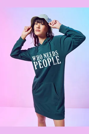 Bewakoof Green Who Needs People Printed Hooded Cotton T-shirt Dress