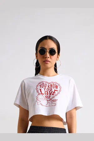 THE CLOTHING FACTORY Typography Garfield Printed Cotton Applique Oversized Crop T-shirt