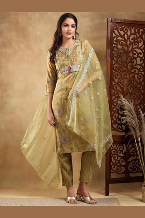 Bani Women Floral Printed Thread Work Straight Kurta with Trouser & Dupatta