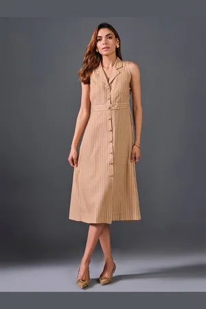 AND Lapel Collar Sleeveless Striped A-Line Midi Dress