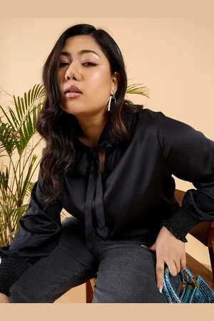 CURVY STREET Plus Size Tie Up Neck Comfort Opaque Satin Casual Shirt