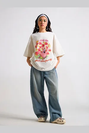 THE CLOTHING FACTORY Women Floral Printed Round Neck Cotton Oversized T-shirt