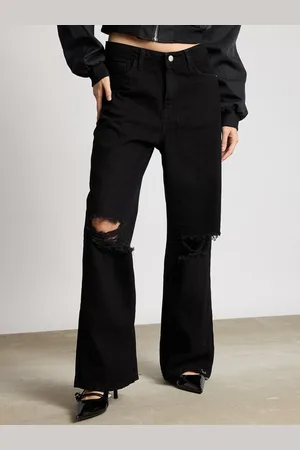 FREAKINS Women Wide Leg Pure Cotton High-Rise Slash Knee Jeans
