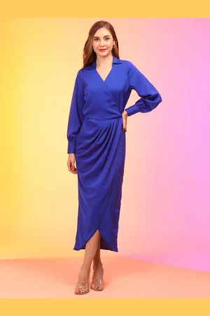 Globus Women Shirt Collar Cuffed Sleeves Pleated Detail Tulip Hem Maxi Party Wrap Dress